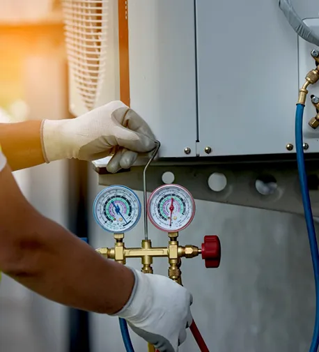Technician adjusting a valve on a heating or cooling system.