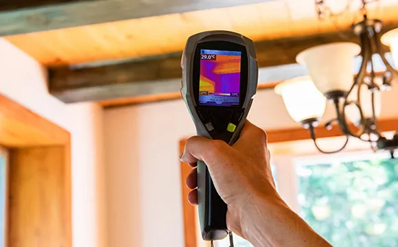 Technician using a thermal imaging camera to assess air quality in The Villages, FL